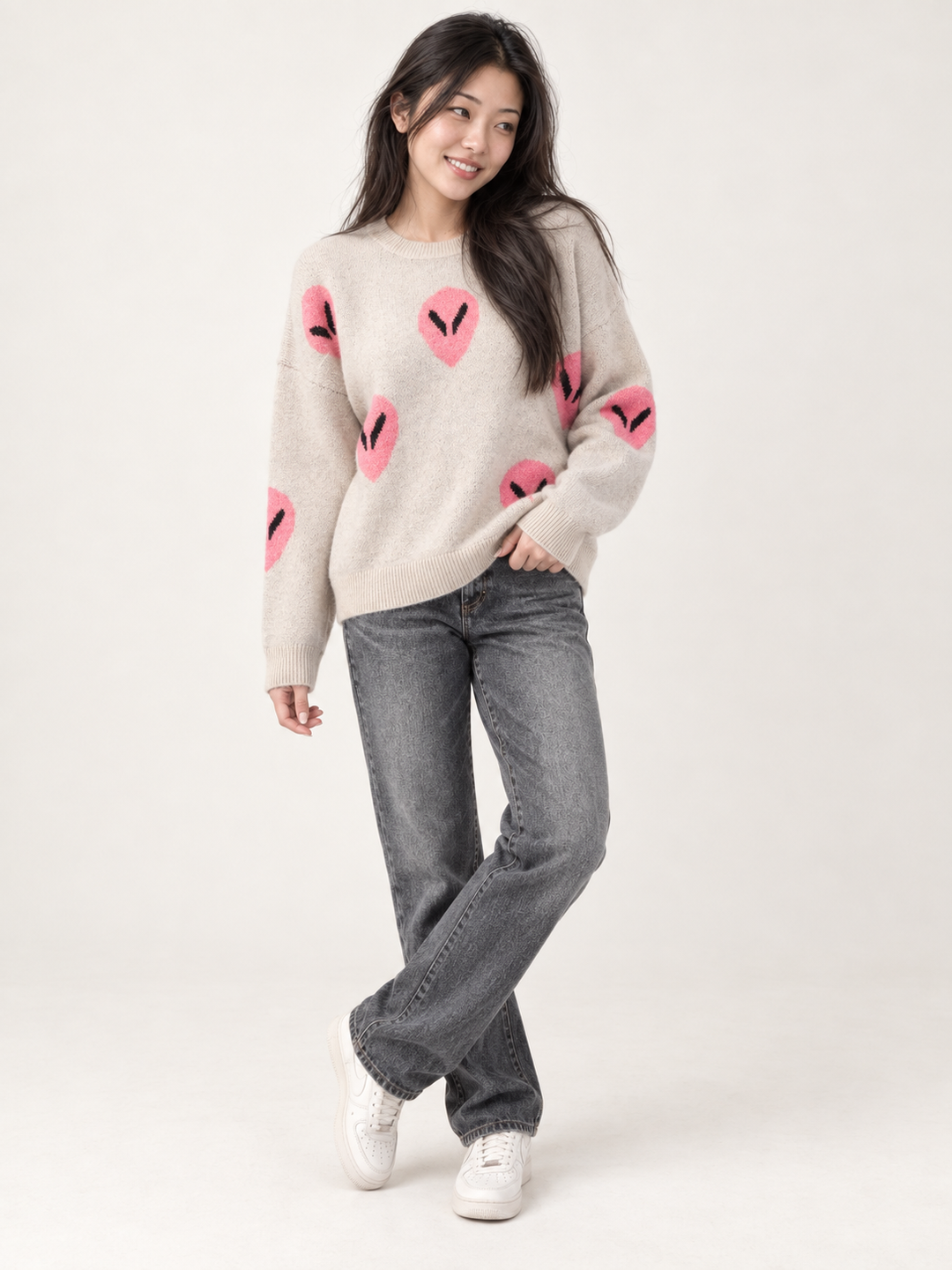 Full-body view of Alien Sweater Ecru on model