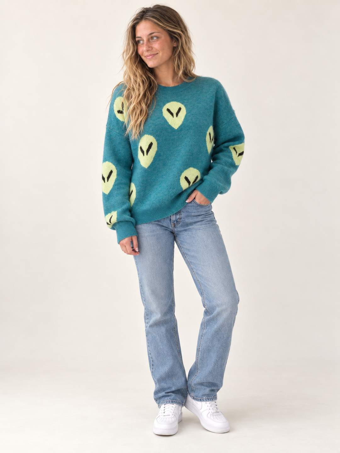 Alien Sweater Teal full-body front view