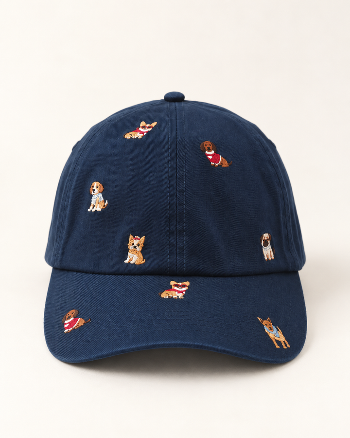 All Over Dog Embroidered Hat Navy front view