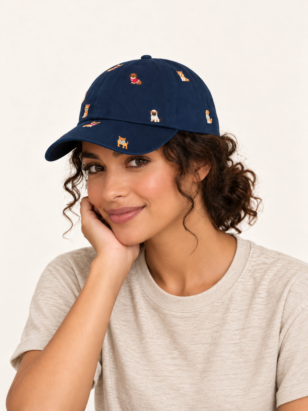 Model wearing All Over Dog Embroidered Hat Navy