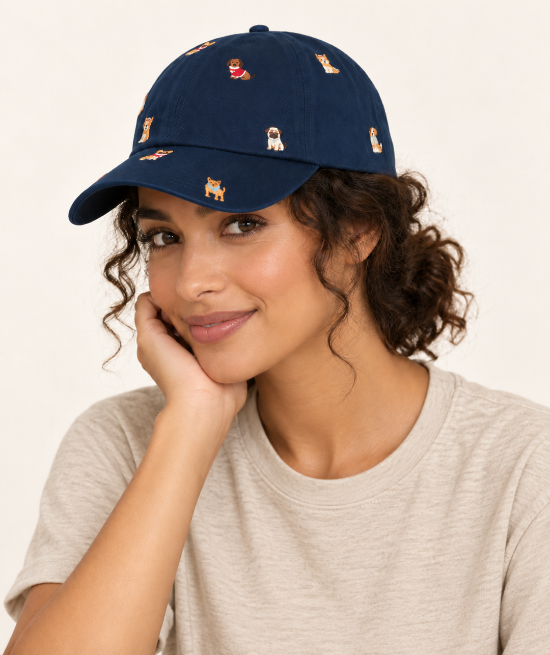 Model wearing All Over Dog Embroidered Hat Navy