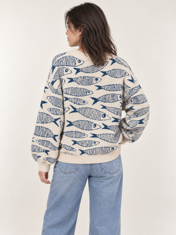 Model wearing All Over Sardine Sweater Ivory, back view