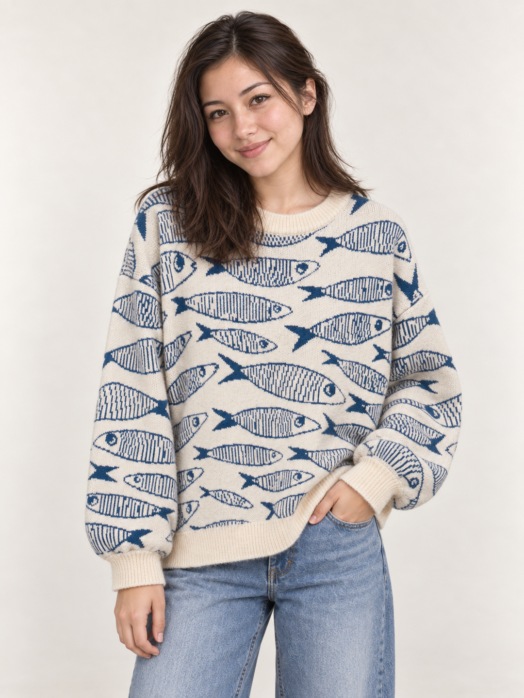 Model wearing All Over Sardine Sweater Ivory, front view