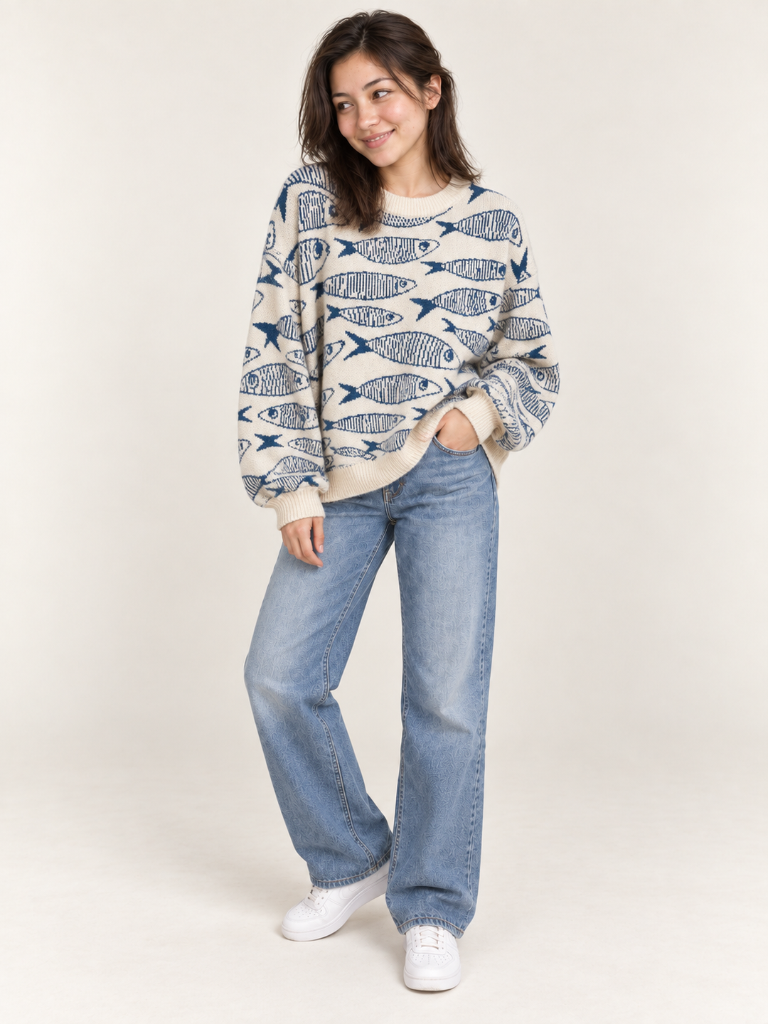 Model wearing All Over Sardine Sweater Ivory, full-body view