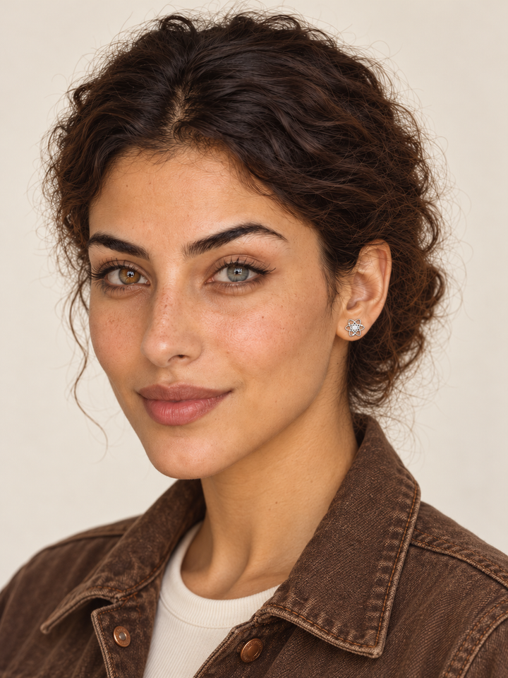 Atom Stud Earrings in Silver worn on a model