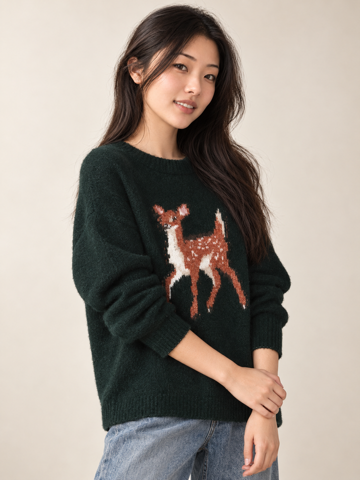 Baby Deer Sweater Forest Green angled view on model