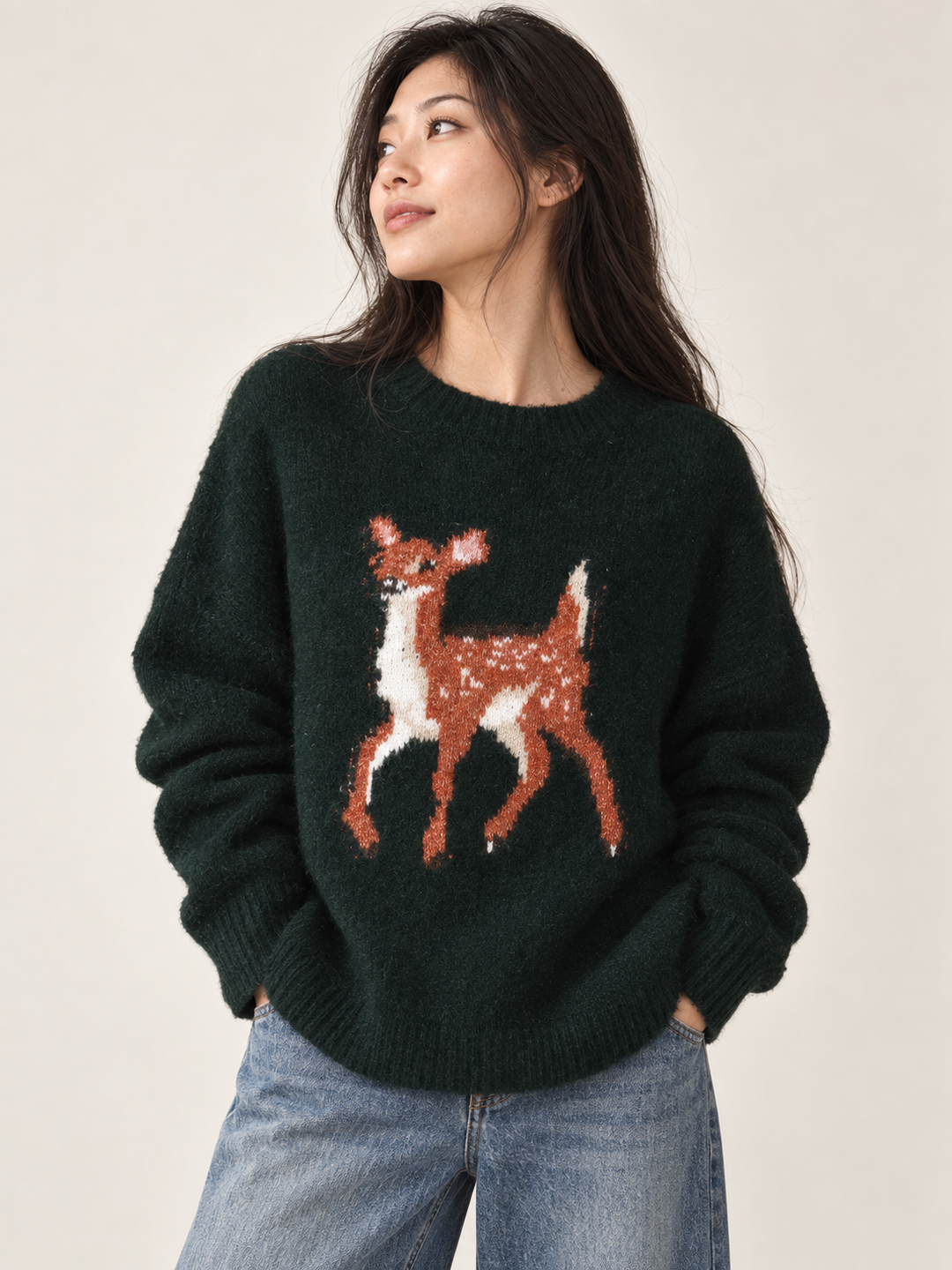 Baby Deer Sweater Forest Green front view on model