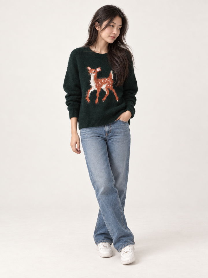 Baby Deer Sweater Forest Green full body view on model