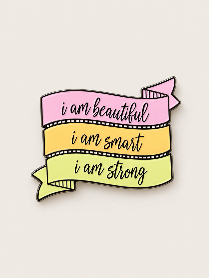 Beautiful Smart Strong Affirmation Pin shown on a warm neutral background