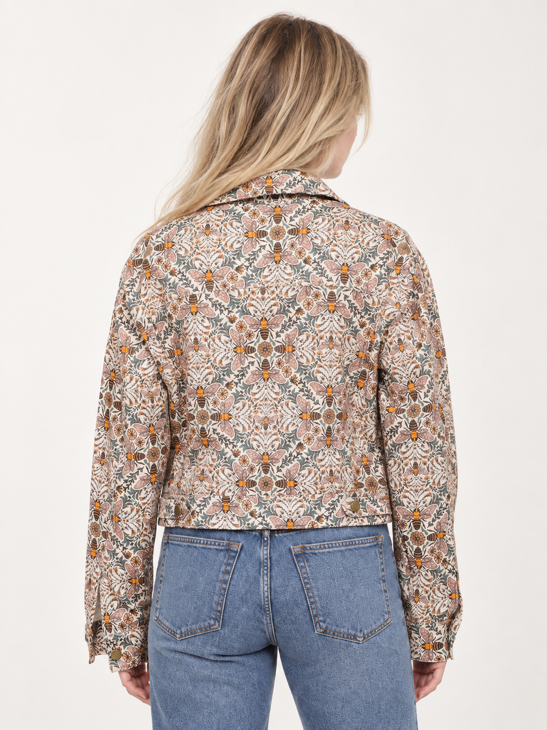 Bee Floral Print Crop Jacket back view on model