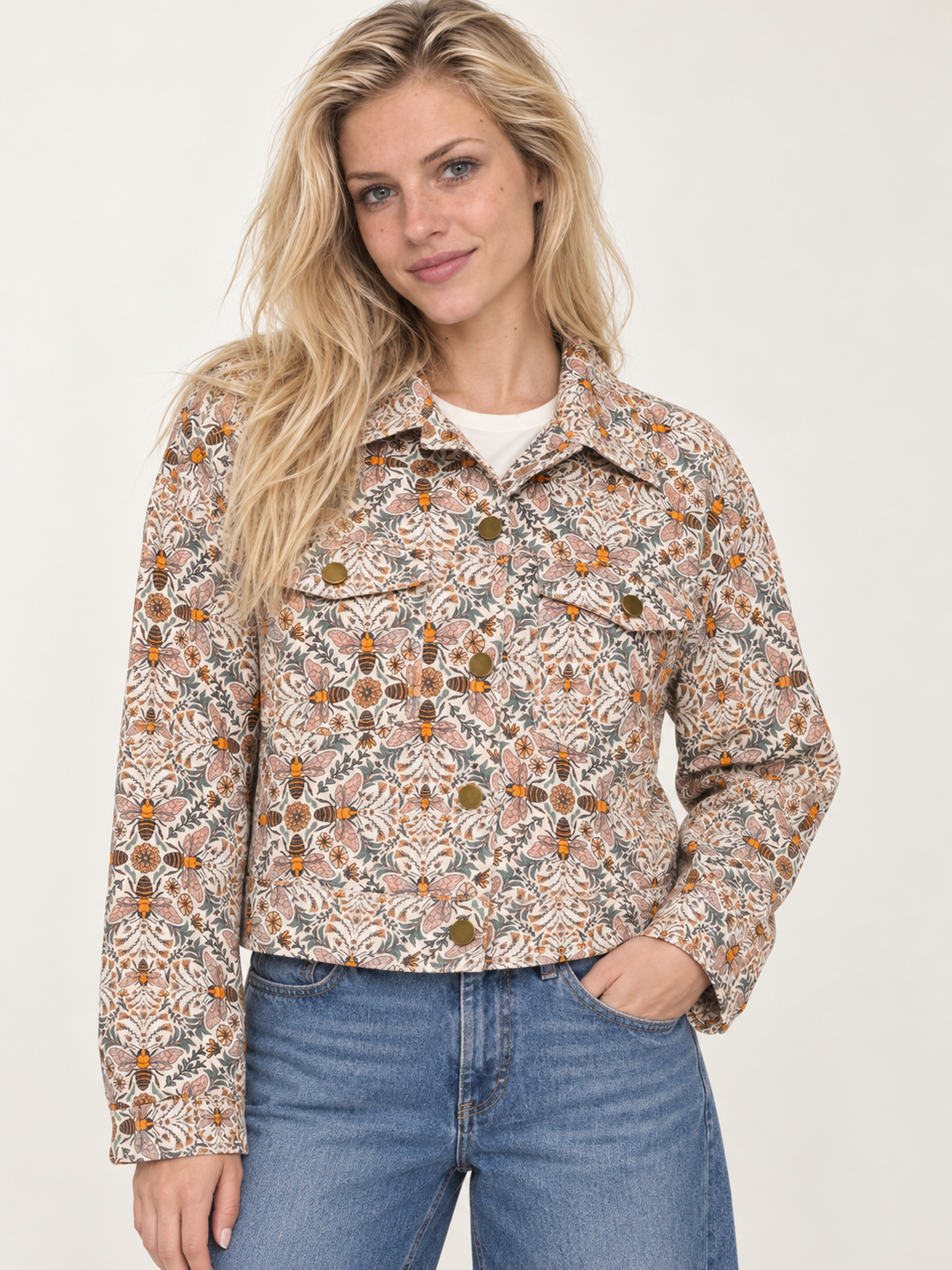 Bee Floral Print Crop Jacket front view on model