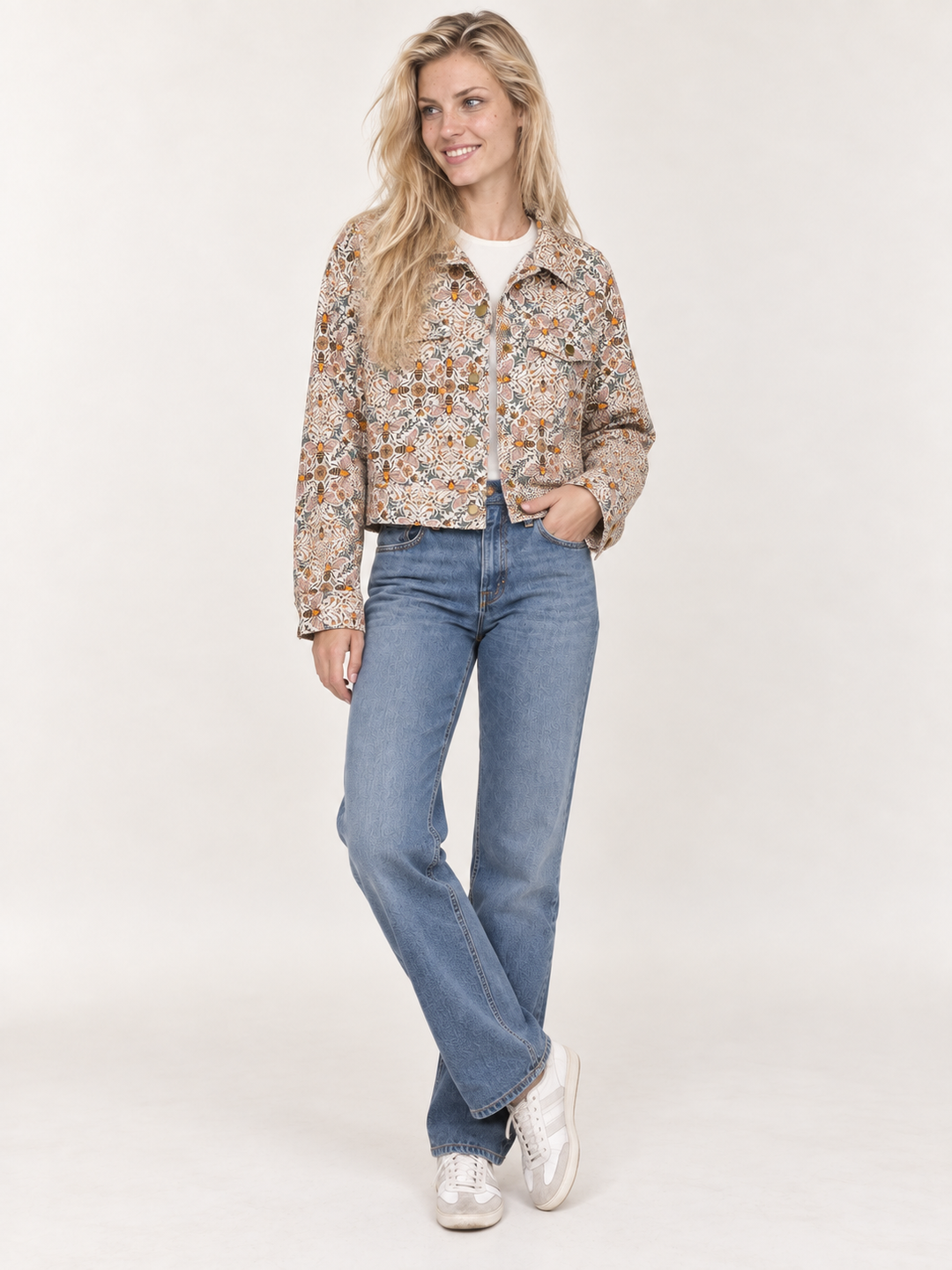 Bee Floral Print Crop Jacket full-body front view on model