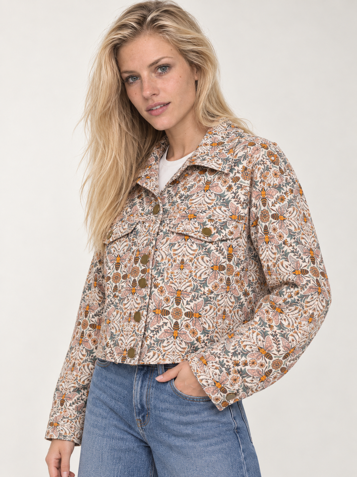 Bee Floral Print Crop Jacket three-quarter view on model
