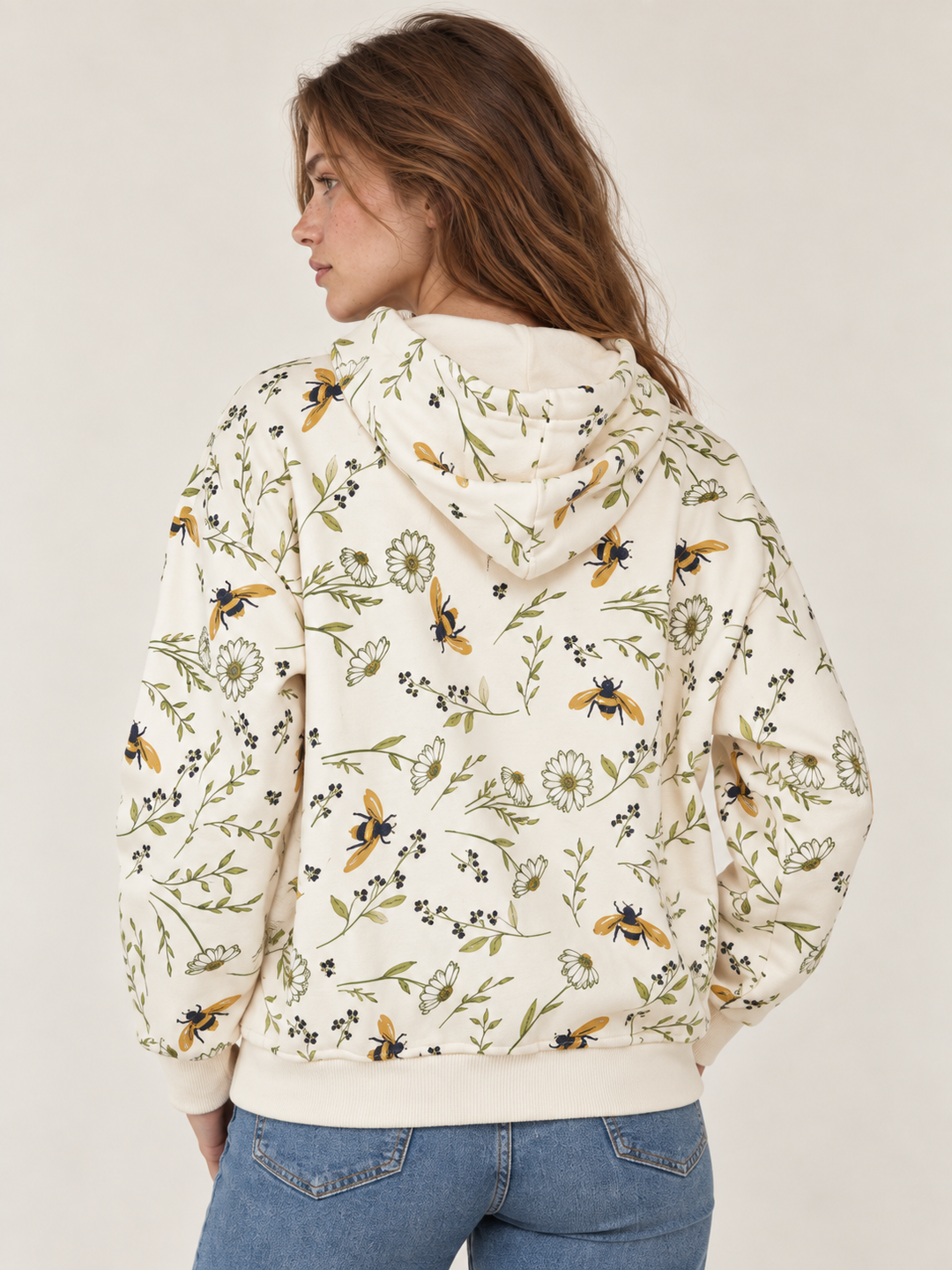 Bee Hoodie Cream - back view on model