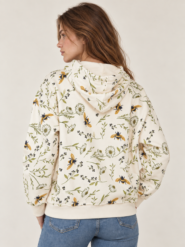 Bee Hoodie Cream - back view on model