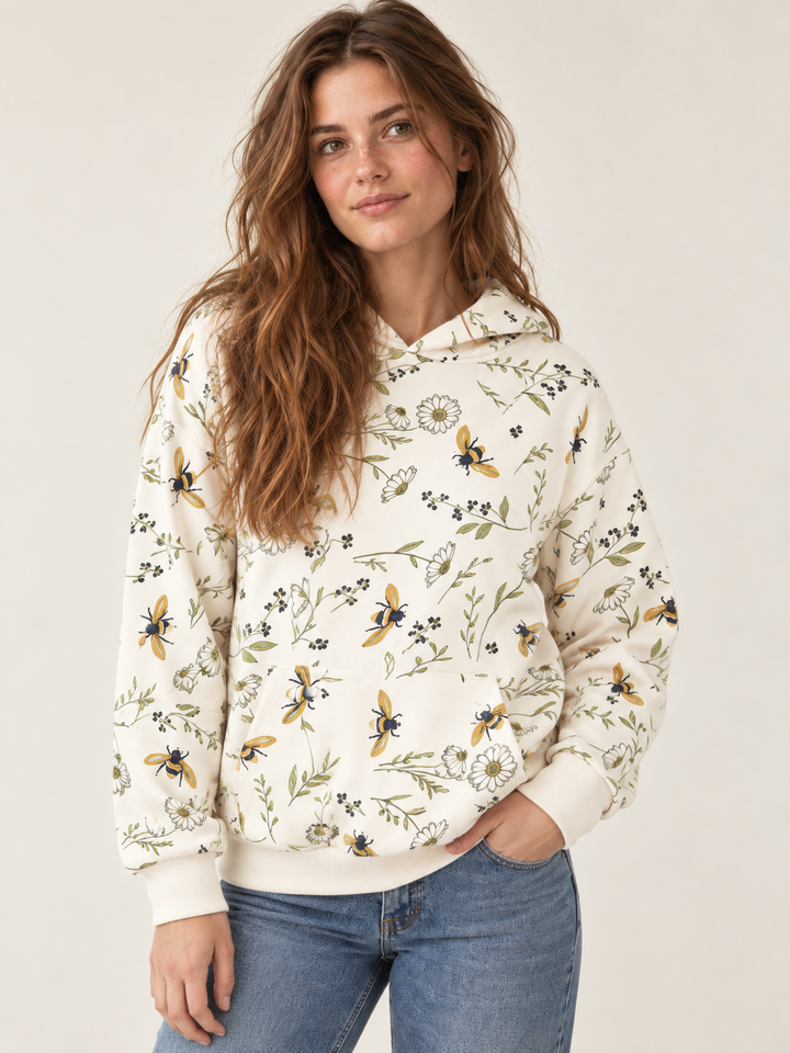 Bee Hoodie Cream - front view on model