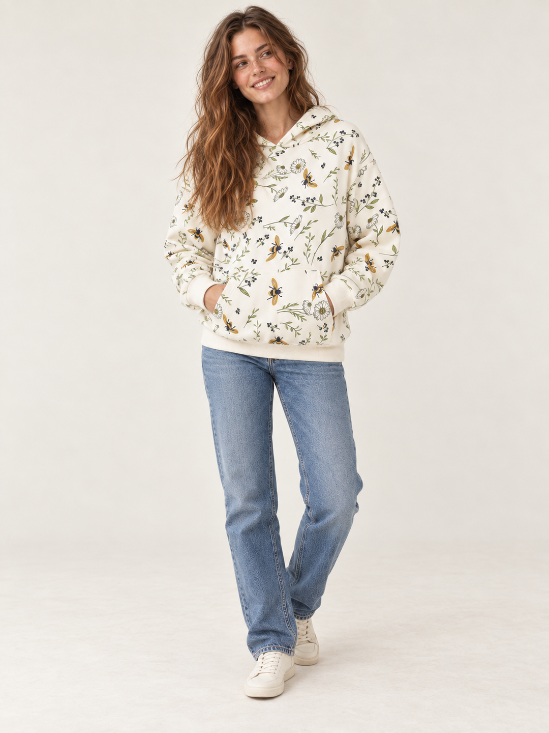 Bee Hoodie Cream - full-body front view on model