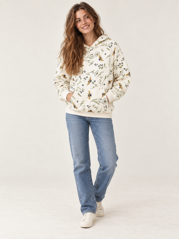 Bee Hoodie Cream - full-body front view on model
