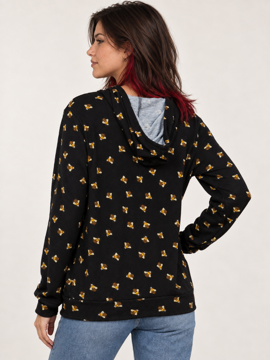 Model wearing Bee Hoodie, back view