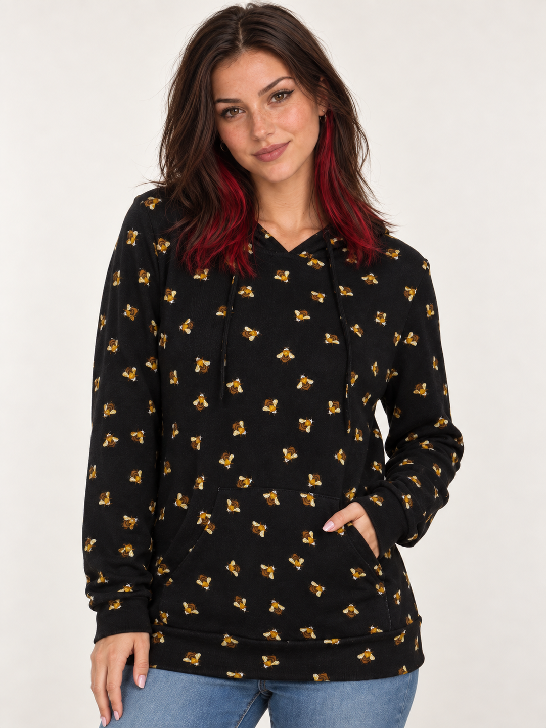 Model wearing Bee Hoodie, front view