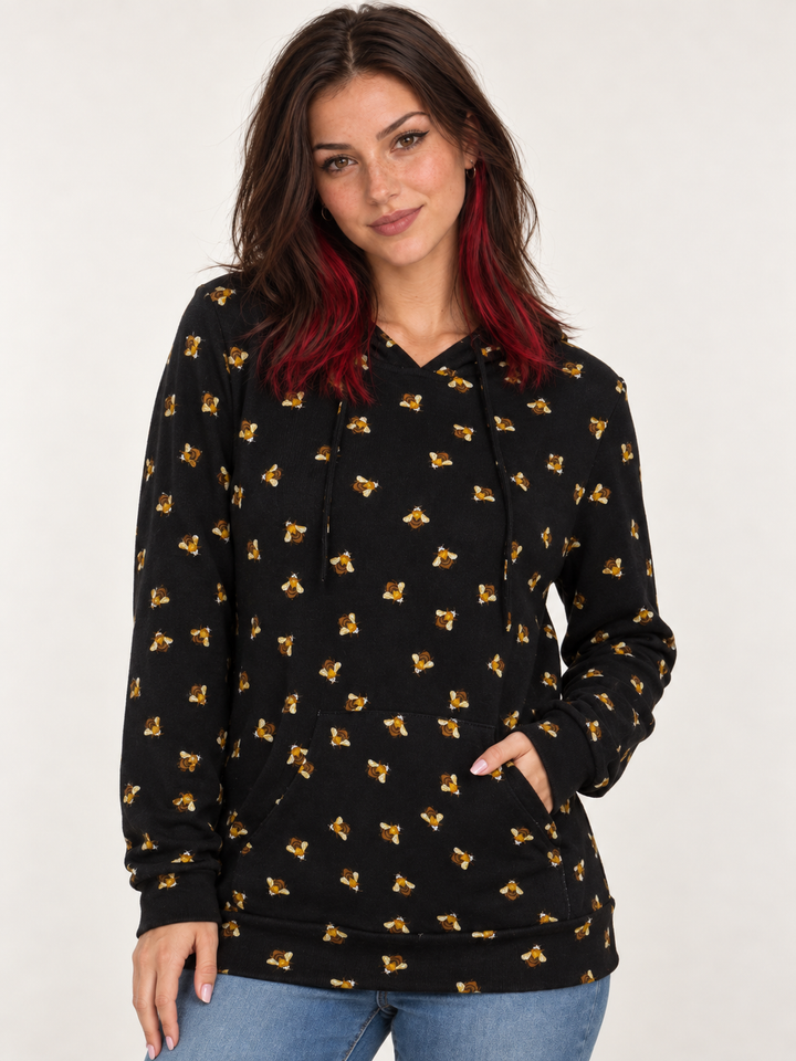 Model wearing Bee Hoodie, front view