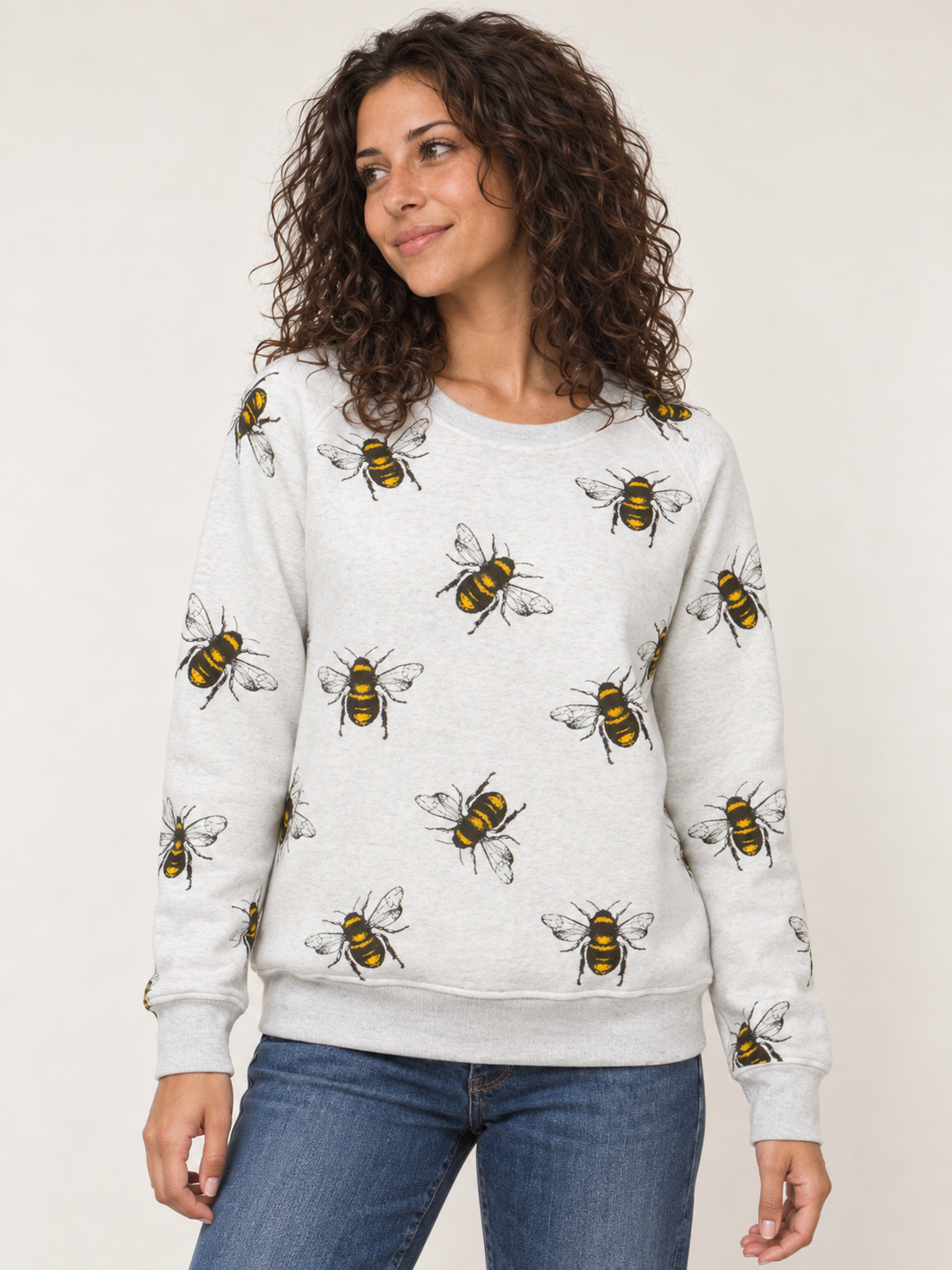 Model wearing bee sweatshirt, front view