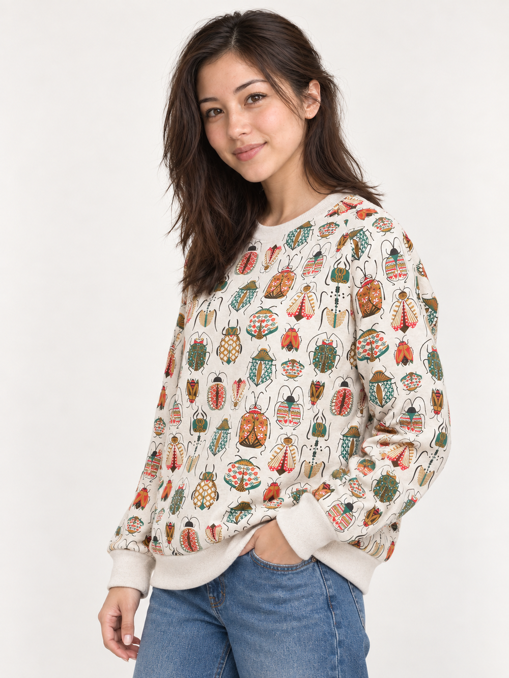 Beetles Sweatshirt angled view on model