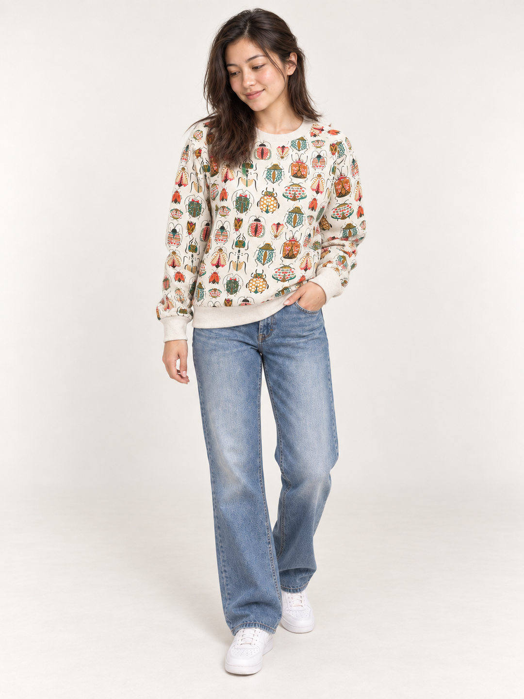 Beetles Sweatshirt full-body view on model
