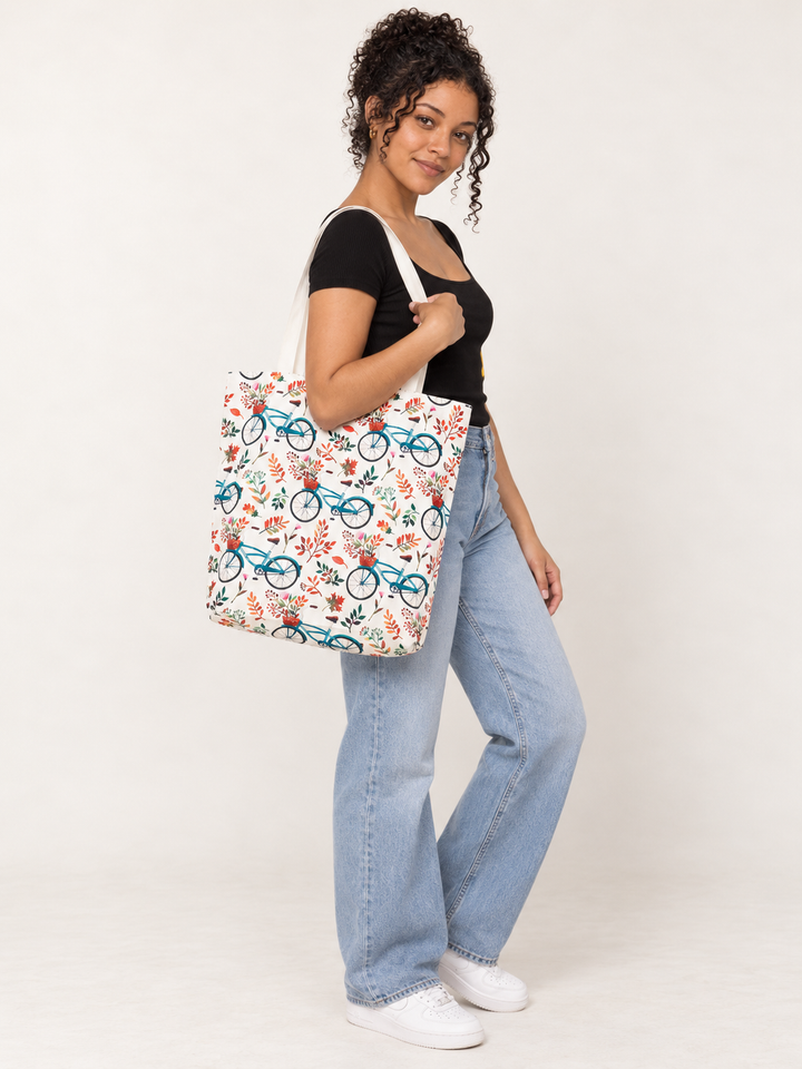 Model wearing the Bicycle Tote Bag over her shoulder