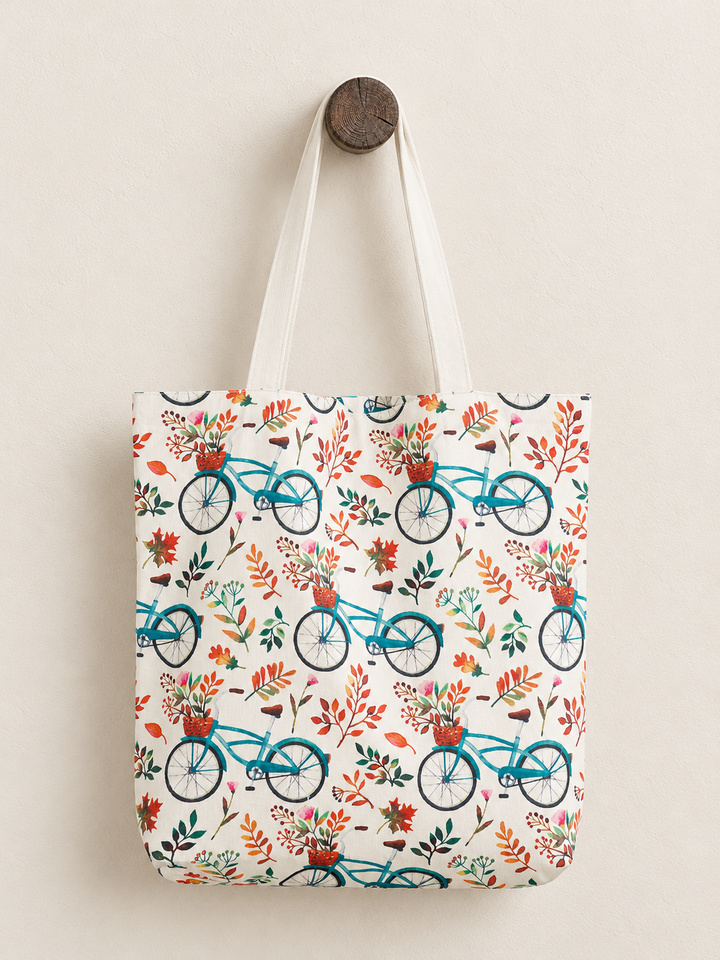 Bicycle Tote Bag hanging from a wooden post