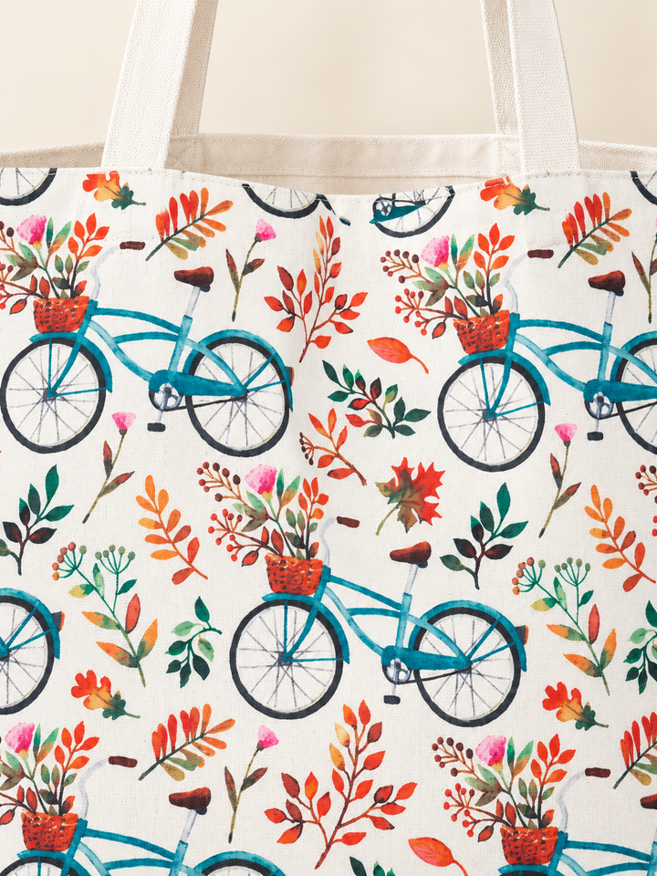 Close-up of the bicycle and botanical print