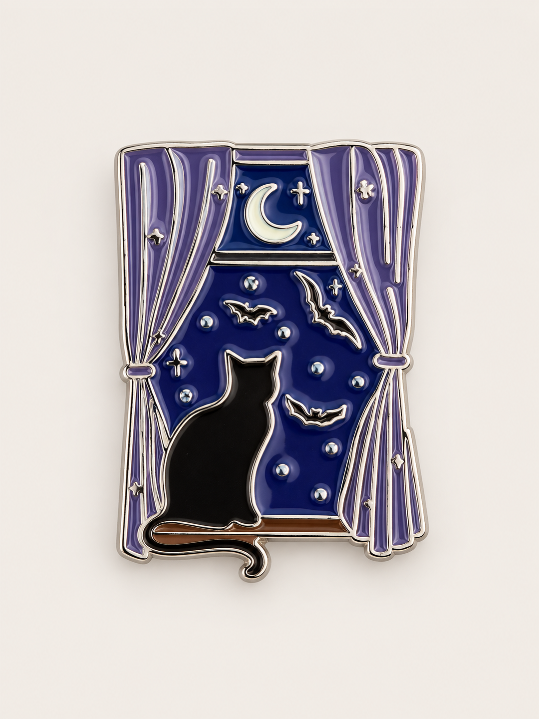 Black Cat Moonlit Window Pin shown on a warm neutral background