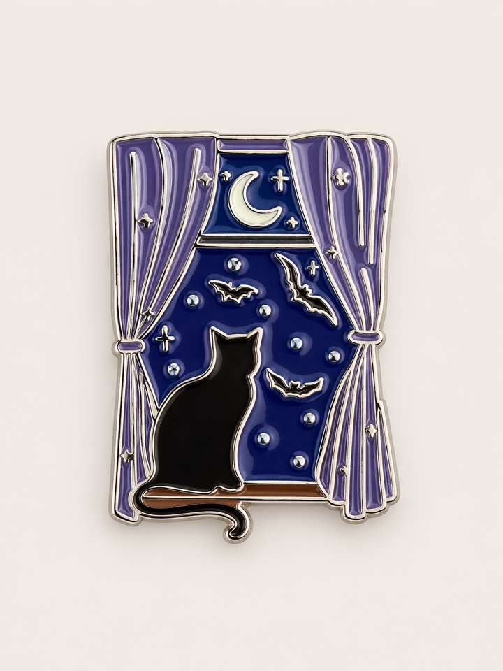 Black Cat Moonlit Window Pin shown on a warm neutral background