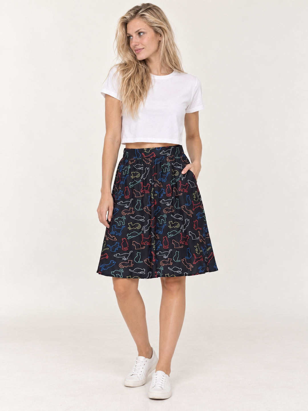 Model wearing the Black Cat Skirt, full-body front view
