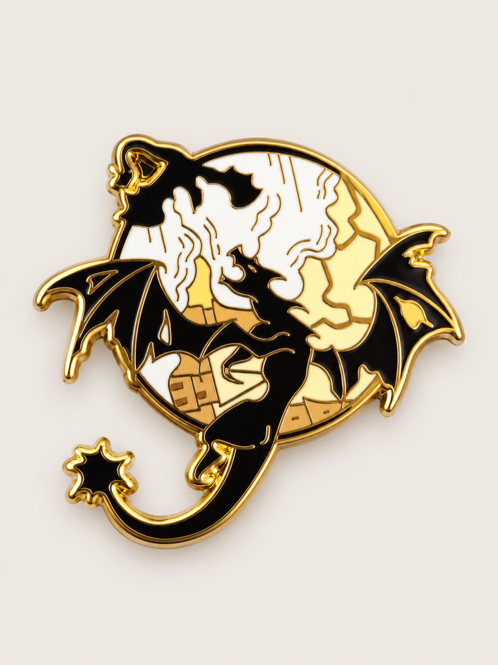 Black Dragon Reading Book Pin shown on a warm neutral background