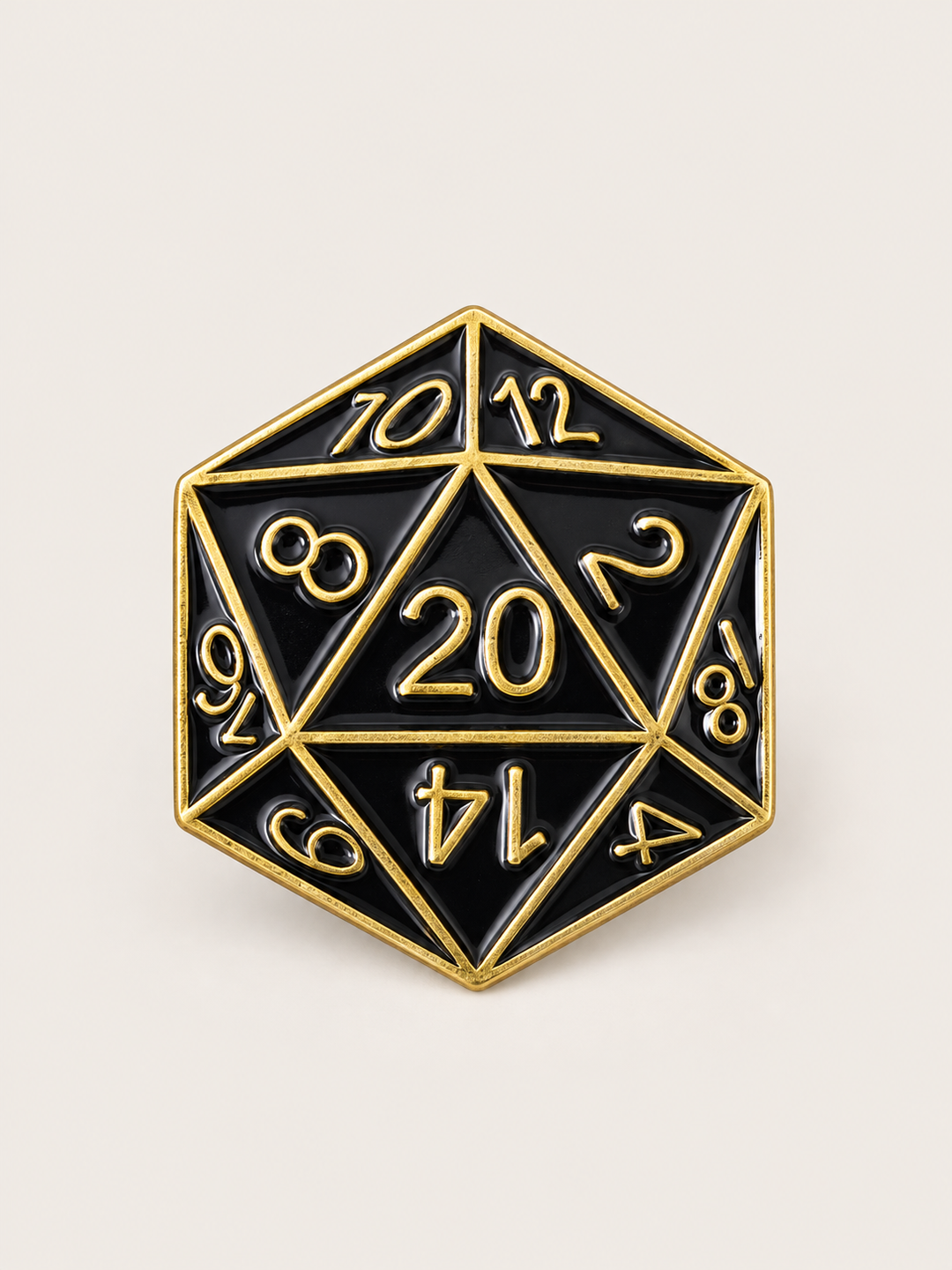 Black Gold D20 Dice Pin shown on a warm neutral background