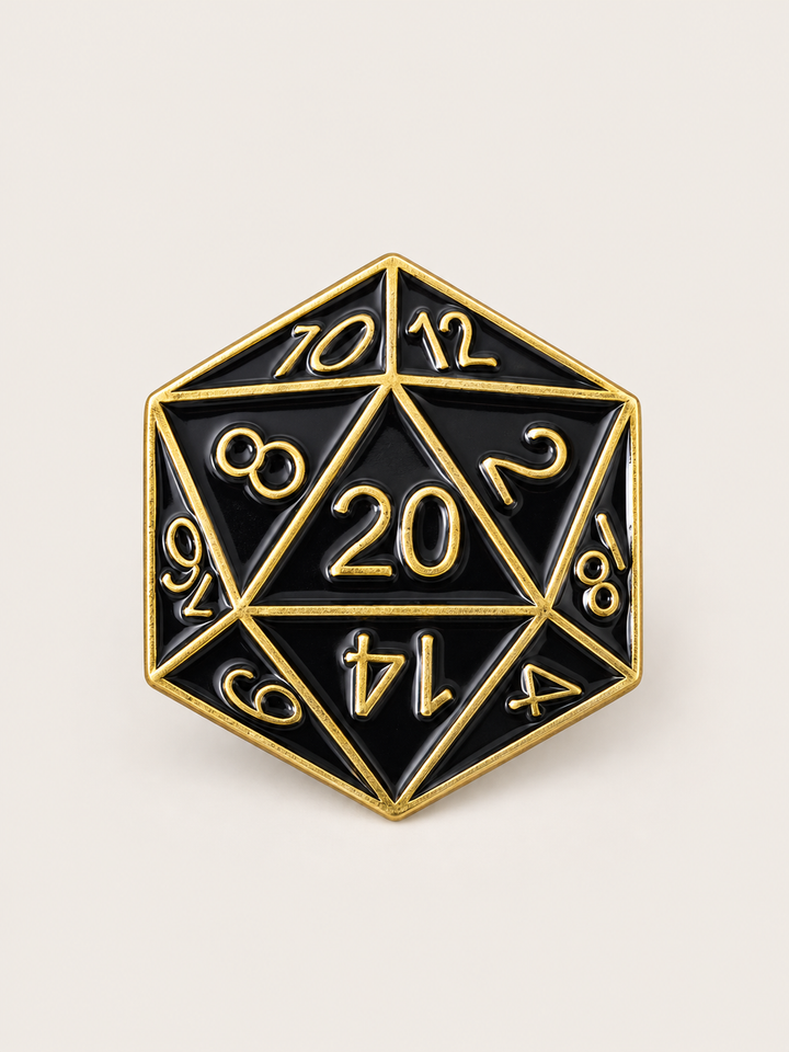 Black Gold D20 Dice Pin shown on a warm neutral background
