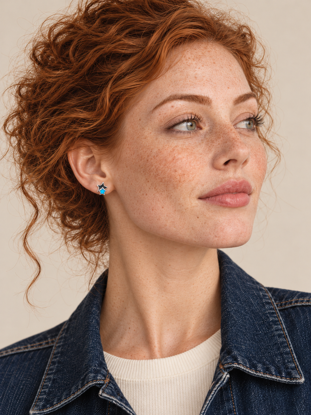 Blue Double Star Stud Earrings worn on a model
