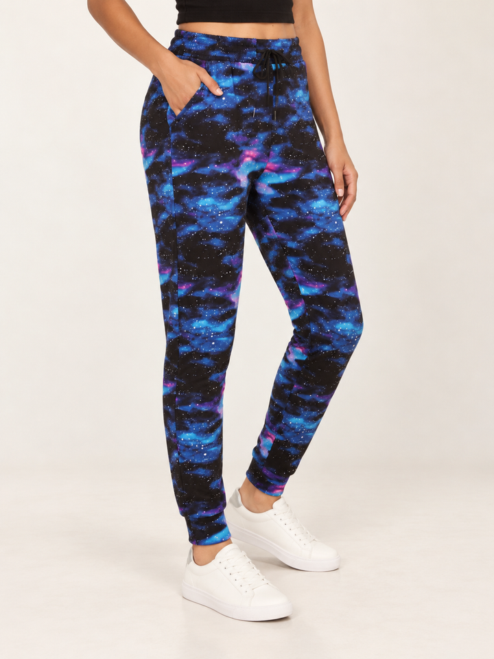 Blue Galaxy Joggers waist-down 45-degree view