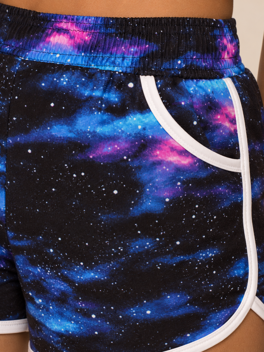Blue Galaxy Shorts fabric and pocket close-up