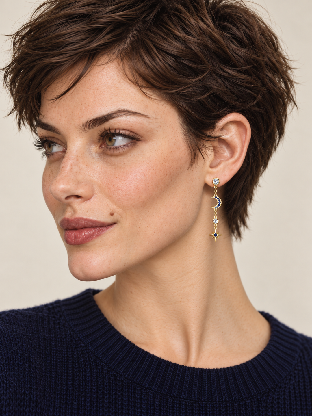 Blue Moon and Star Drop Earrings worn on a model