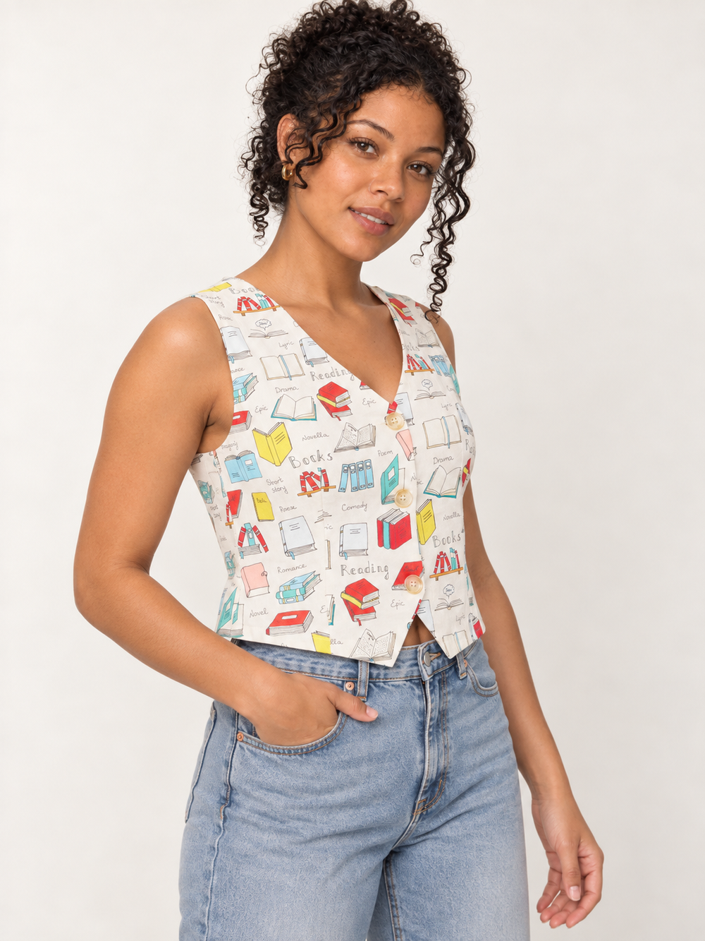 Books Buttoned Vest 45-degree view on model