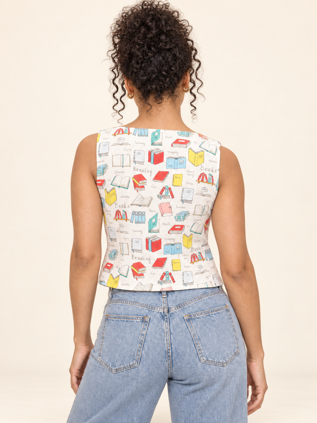 Books Buttoned Vest back view on model