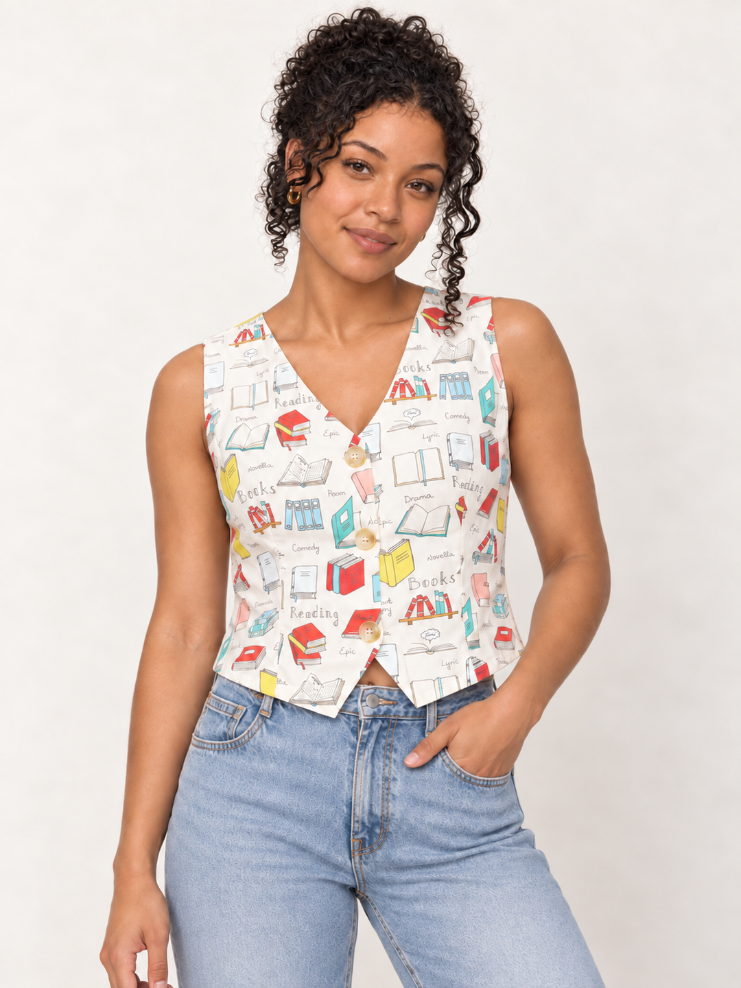 Books Buttoned Vest front view on model