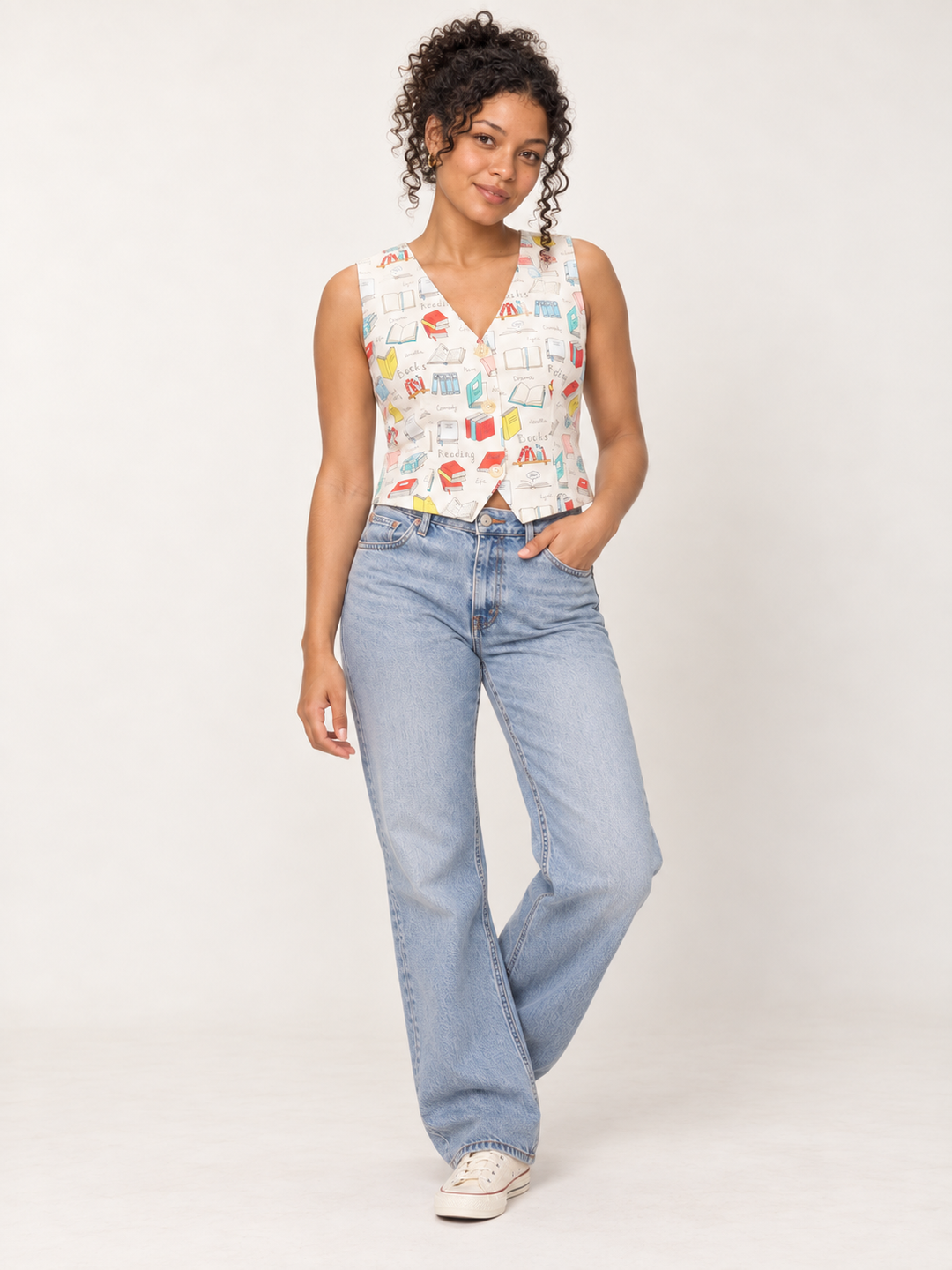 Books Buttoned Vest full-body view on model