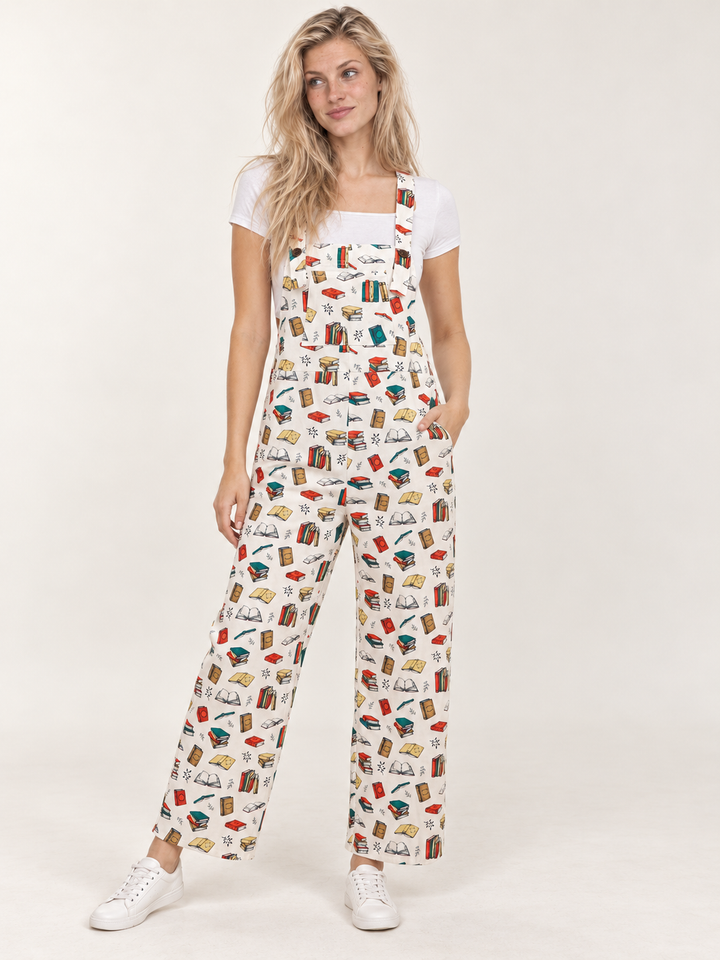 Model wearing Books Overalls, full-body front view
