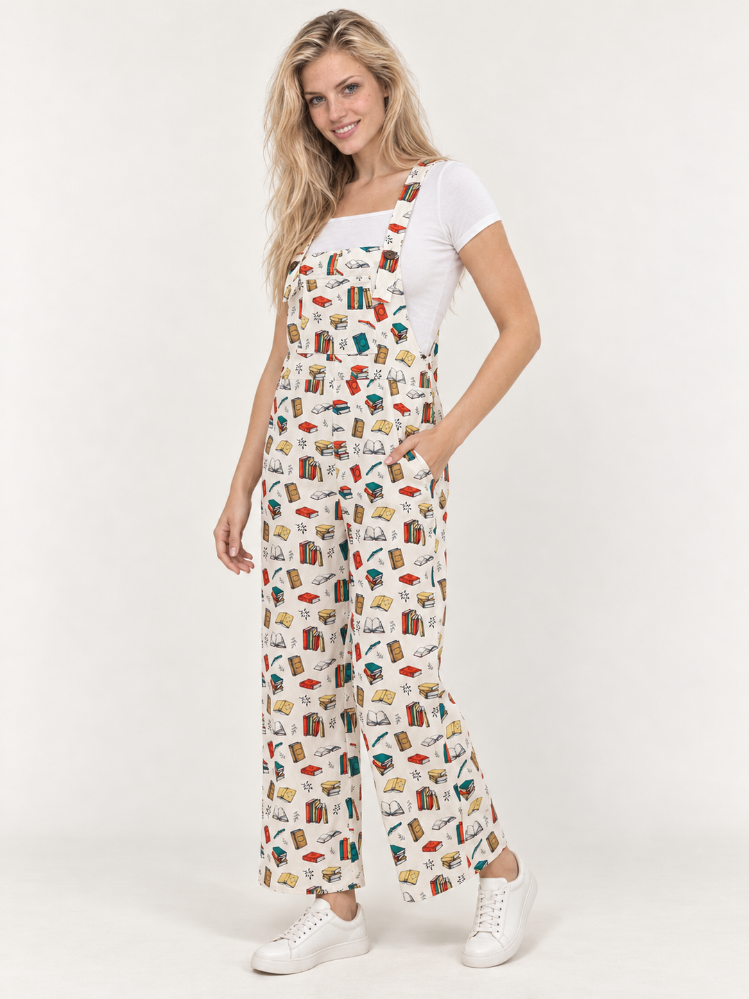 Model wearing Books Overalls, full-body 45-degree view