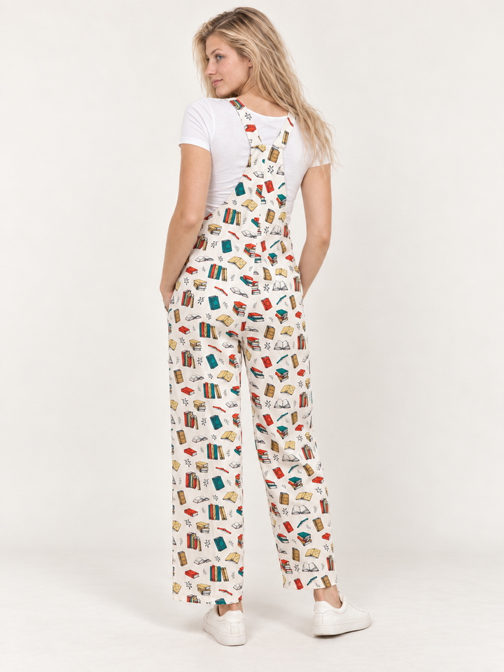 Model wearing Books Overalls, full-body back view