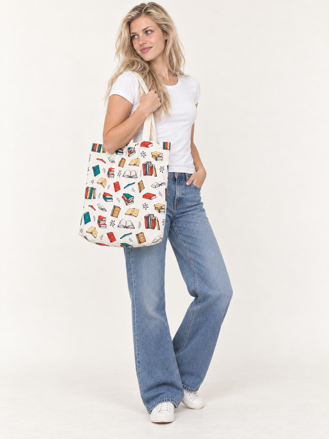 Books Tote Bag modeled over shoulder