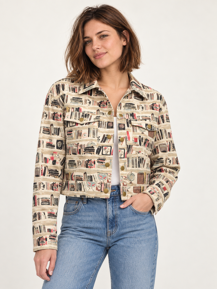 Model wearing Bookshelf Print Jacket, front view